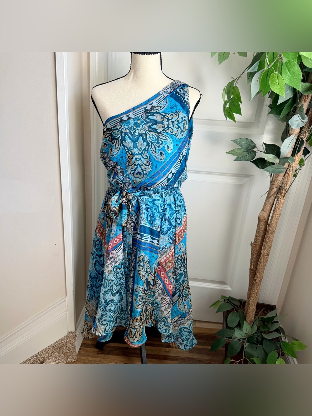Laundry by Shelli Segal One Shoulder Asymmetrical Paisley Dress Blue Sz 6
